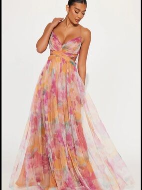 Watercolor Floral Chiffon Maxi Dress with Lace Up Back- Pink & Orange
